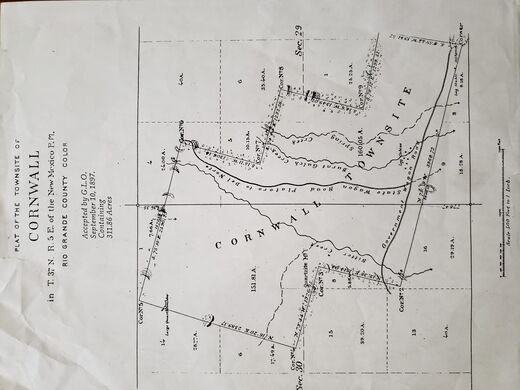 1897 General Land Office plat of the Cornwall townsite showing streets, creeks and section corners